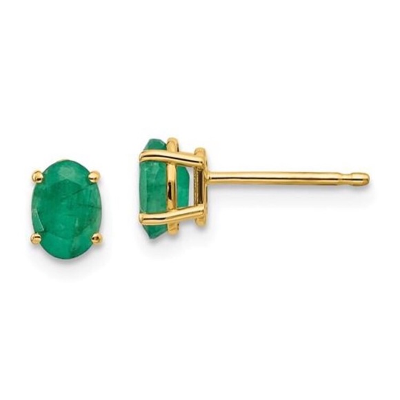 14K Gold Genuine Green Emerald Oval Post Earrings